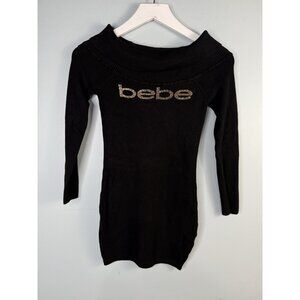 Bebe Size XS Black Off Shoulder Logo Spell Out Sweater Tunic Y2k Gold Bling